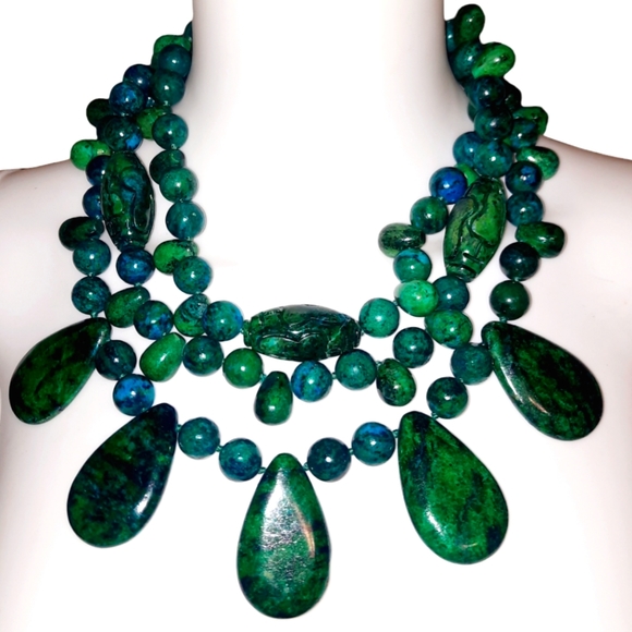 Azurite Malachite Chrysocolla Cabochon Tiered Beaded Statement Necklace - Picture 1 of 10